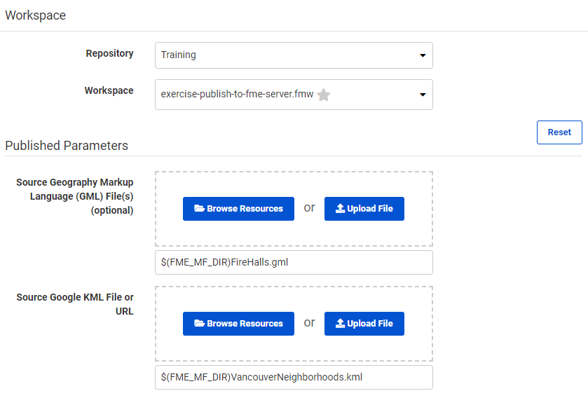 Viewing published workspace parameters